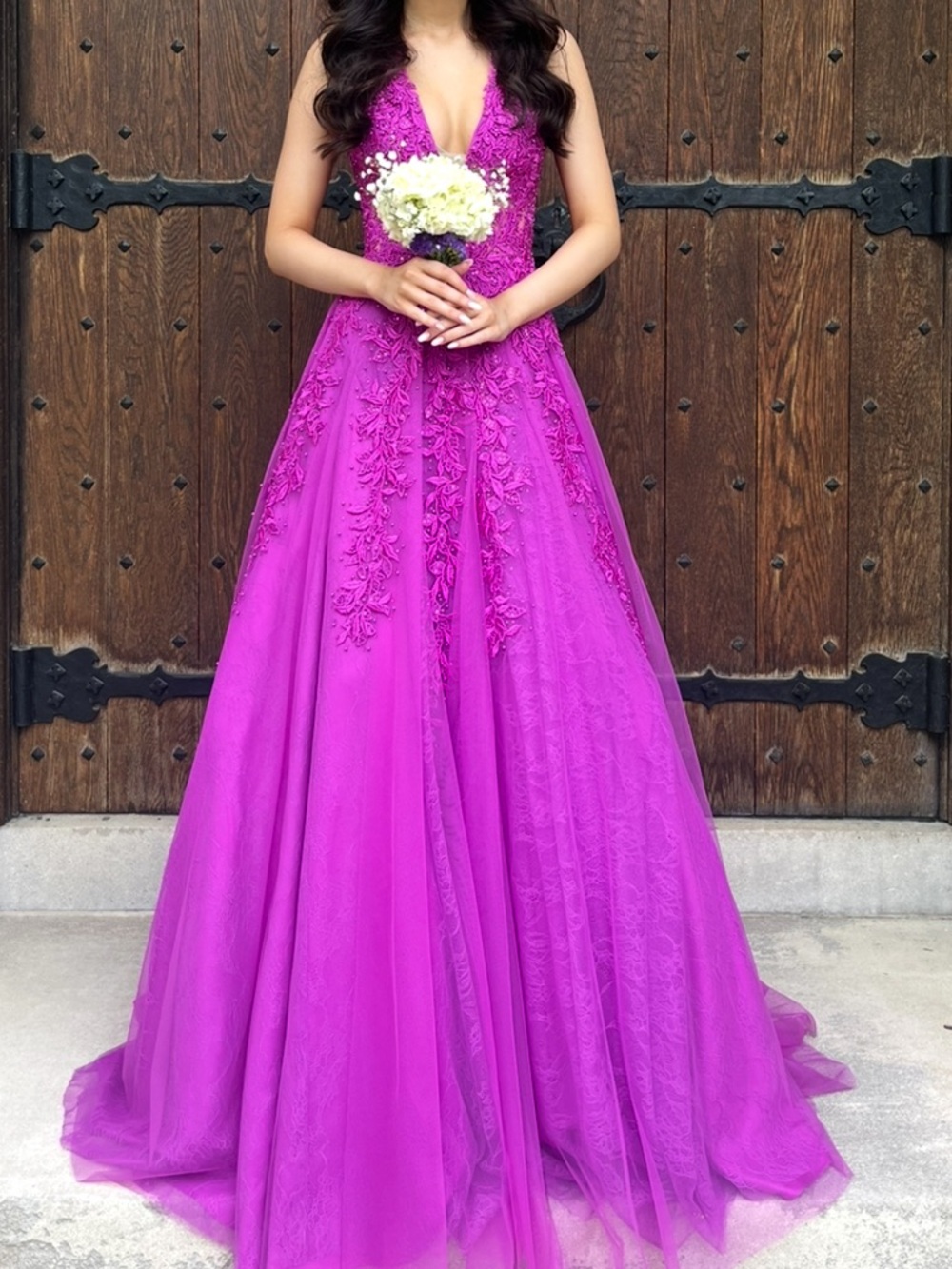 Sherri Hill Vibrant Magenta Lace-Appliqué Ball Gown